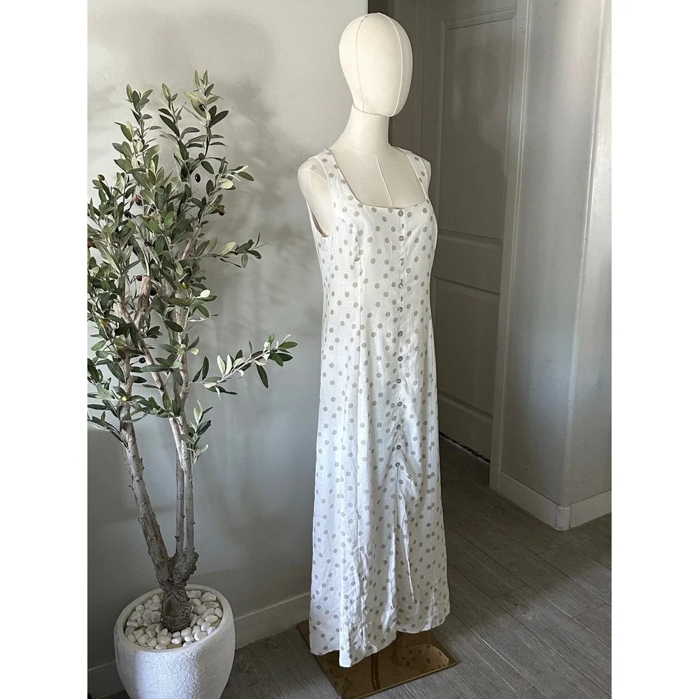 Halogen Polka Dot Linen Sleeveless Maxi Dress New!